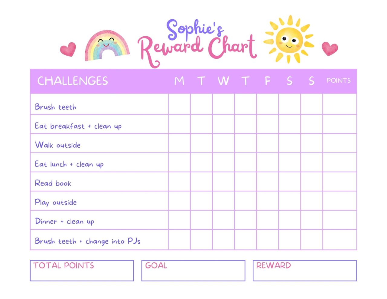 Reward chart printable charts kids pdf word download excel
